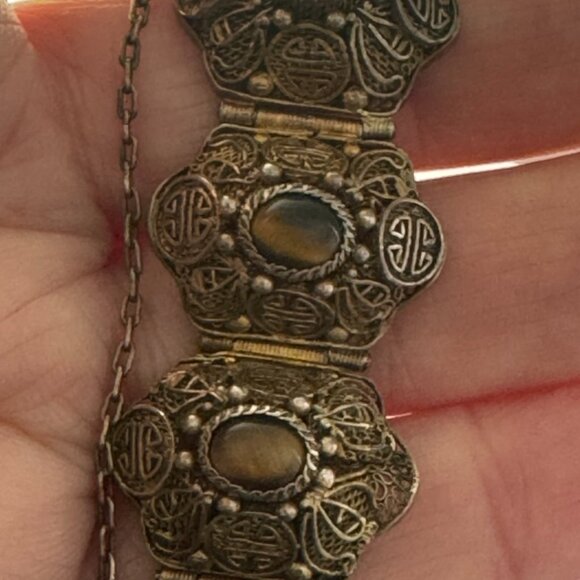 Vtg Chinese Export Bracelet Tiger's Eye Cabochon Silver Gilded Vermeil Filigree - Picture 12 of 16